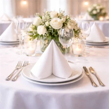 Foldet hvid Sovie tissue serviet på tallerken ved elegant festbord med glas, bestik og blomsterdekoration