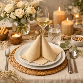 Sovie Tissue servietter i sandfarve foldet på dækket festbord med lys, blomster og elegante detaljer