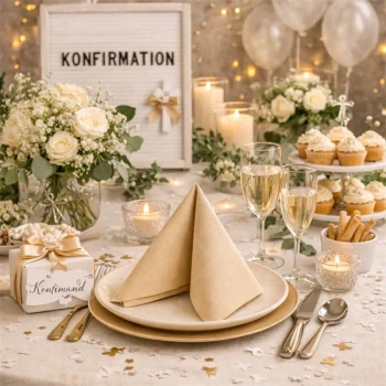 Sovie Tissue servietter i sandfarve foldet på elegant konfirmationsbord med lys, blomster og pynt