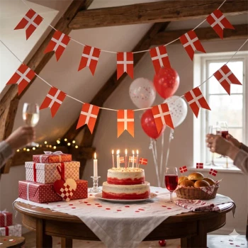 Hyggelig fødselsdagsfejring med Dannebrog flagguirlande hængt op over et festbord med lagkage, gaver og rød-hvide balloner.