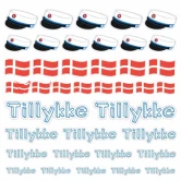 Blå student klistermærker med studenterhuer, danske flag og teksten Tillykke til studenterfest