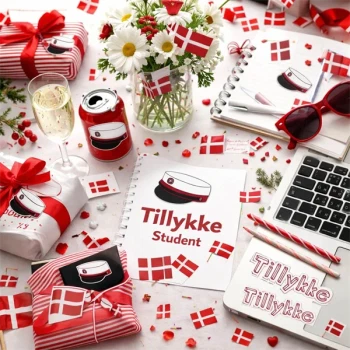 Stemningsbillede af studenterfest pyntet med røde student stickers, gaver, Dannebrog, champagne og teksten Tillykke Student