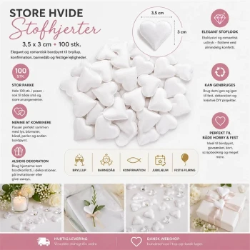 Store hvide stofhjerter 3,5x3 cm 100 stk til bryllup, konfirmation og romantisk bordpynt