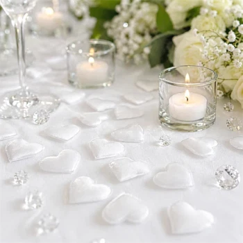 Stemningsbillede med hvide stofhjerter som romantisk bordpynt til bryllup med lys og blomster