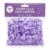 Packshot af store lilla stof hjerter 3,5x3cm 100 stk i pose til bordpynt og bryllupsdekoration