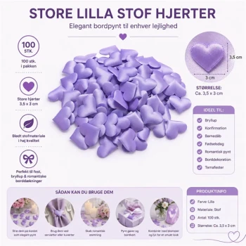 Store lilla stof hjerter 3,5x3cm 100 stk til bryllup bordpynt, romantisk borddekoration og festpynt