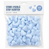 Packshot af store lyseblå stof hjerter 3,5x3cm 100 stk i pose til bordpynt, bryllup og barnedåb
