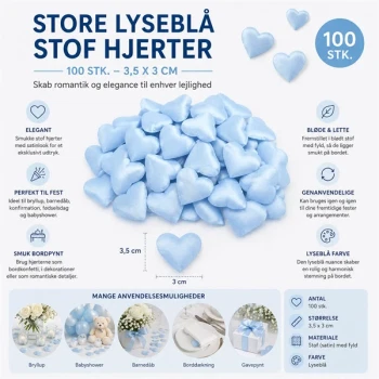 Infografik med store lyseblå stof hjerter 3,5x3cm 100 stk til bryllup, barnedåb, babyshower og romantisk bordpynt