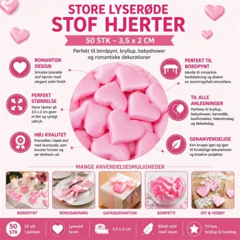 Store lyserøde stof hjerter 3,5x2 cm 50 stk til bordpynt, bryllup, babyshower og romantisk borddekoration