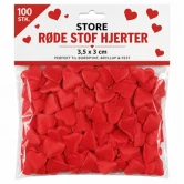 Packshot af store røde stof hjerter 3,5x3cm 100 stk til romantisk bordpynt, bryllup og valentinsdag