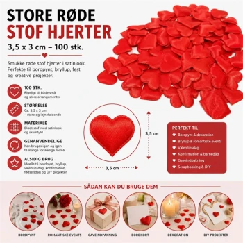 Store røde stof hjerter 3,5x3cm 100 stk til romantisk bordpynt, bryllup, valentinsdag og dekorationsprojekter