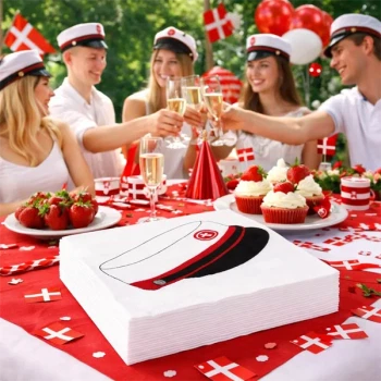 Røde student servietter 33x33 cm på pyntet festbord til studenterfest med studenter og dansk pynt