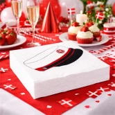 Røde student servietter 33x33 cm på pyntet festbord til studenterfest med cupcakes, champagne og dansk flag
