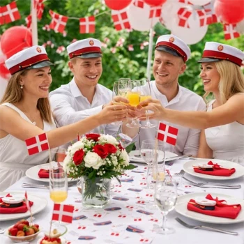 Studenter fejrer studenterfest ved festbord pyntet med rød bordløber, danske flag og studenterpynt