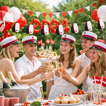 Studenterfest med guirlande med røde studenterhuer, studenter i hvide tøj og champagnefejring i haven