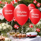 Studenterfest med røde balloner med teksten Tillykke Student, festbord og studenterhue
