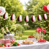 Studentergilde pyntet med guirlande med røde studenterhuer, champagne, kager og danske flag i haven