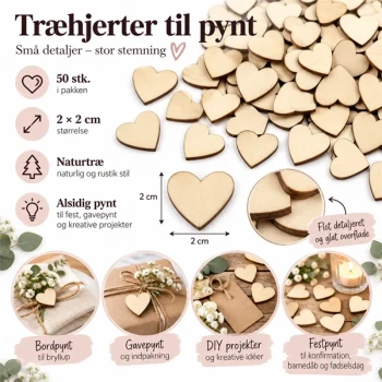 Infografik med 50 træhjerter til pynt i naturtræ, 2 x 2 cm, til bryllupsbordpynt, gavepynt og kreative DIY-projekter.