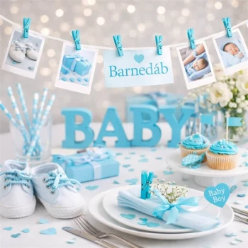 Turkise træklemmer brugt som pynt på festbord til drenge barnedåb med babydekoration, cupcakes og borddækning