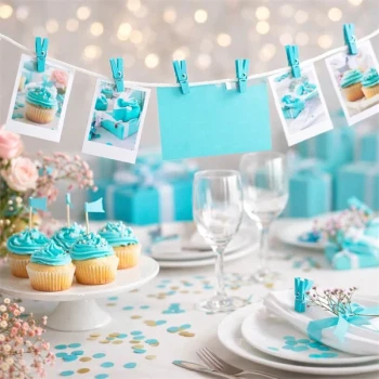 Turkise træklemmer brugt til pynt på festbord til drenge barnedåb med cupcakes, borddækning og dekoration
