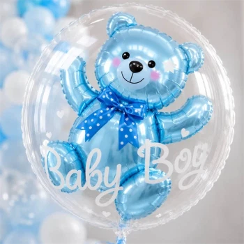 Transparent ballon med lyseblå ballonbamse og Baby Boy tekst – perfekt til drenge babyshower, barnedåb og barselsbesøg.
