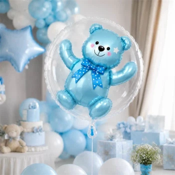 Transparent ballon med lyseblå ballonbamse som dekoration til drenge babyshower, barnedåb, navngivningsfest og Baby Welcome Home.