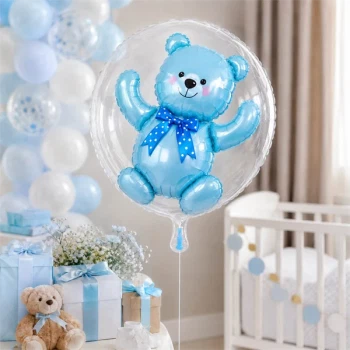 Transparent ballon med lyseblå ballonbamse som dekoration til drenge babyshower, barnedåb og Baby Welcome Home.