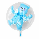 Transparent ballon med lyseblå ballonbamse indeni til babyshower, barnedåb og fejring af en nyfødt dreng.