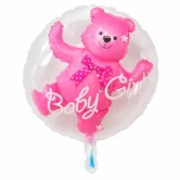 Transparent ballon med lyserød bamse indeni til pige babyshower, barnedåb, navngivningsfest og fejring af en nyfødt pige.