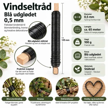 Infografik af blå udglødet vindseltråd 0,5 mm, 100 g og ca. 65 meter på træpind med anvendelse til blomsterbinding, kranse og dekorationer.
