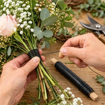 Hænder binder en blomsterbuket med blå udglødet vindseltråd 0,5 mm omkring stilke fra roser, brudeslør og eucalyptus.