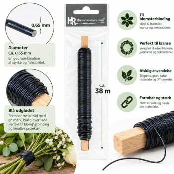Infografik af blå udglødet vindseltråd 0,65 mm x 38 m til blomsterbinding og kranse