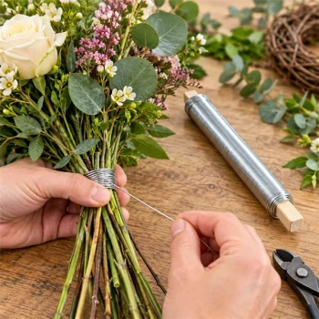 Blomsterbuket bindes med galvaniseret vindseltråd i sølv 0,65 mm med roser, eucalyptus og dekorative blomster