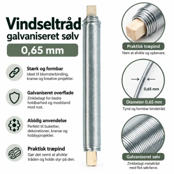 Infografik af galvaniseret vindseltråd i sølv 0,65 mm med træpind, zinkbelagt overflade og anvendelse til blomsterbinding