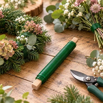 Grøn lakeret vindseltråd 0,5 mm på træpind omgivet af blomster, gran og eucalyptus til blomsterbinding og kransebinding